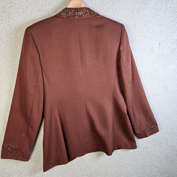 John Meyer Blazer 10 Brown Curved Hem Textured Trim Statement Collar Lined - Picture 2 of 16